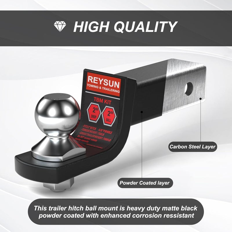 REYSUN 2-inch Drop Trailer Hitch Ball Mount Kit - 2-inch Trailer Ball and 5/8-inch Hitch Pin Kit, Fits 2-inch Hitch Receiver,7,500lbs Capacity, Matte Black - Image 5